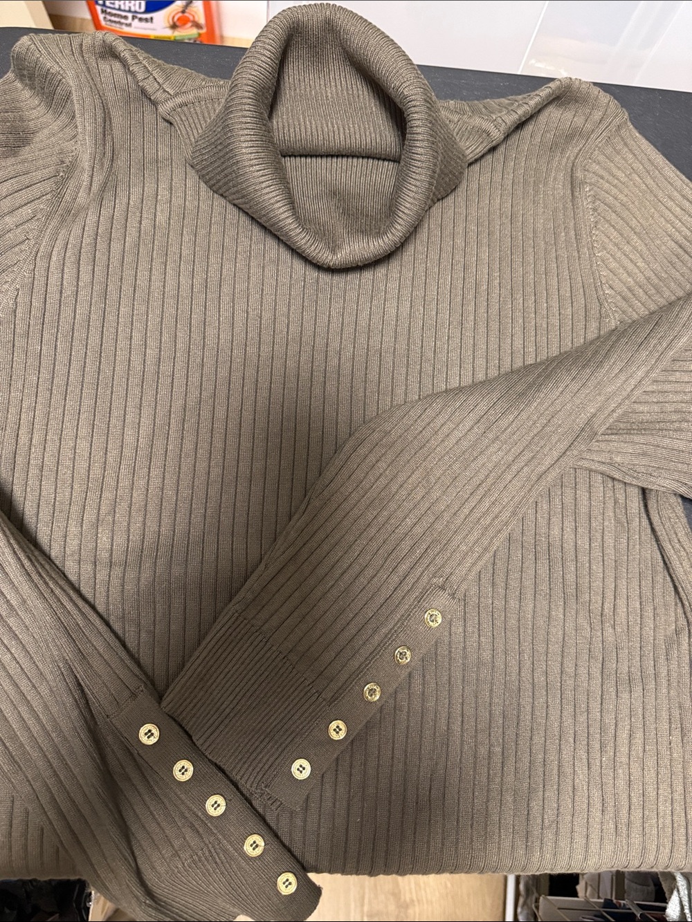 Calvin Klein Ribbed Turtleneck Sweater in olive with Gold Buttons